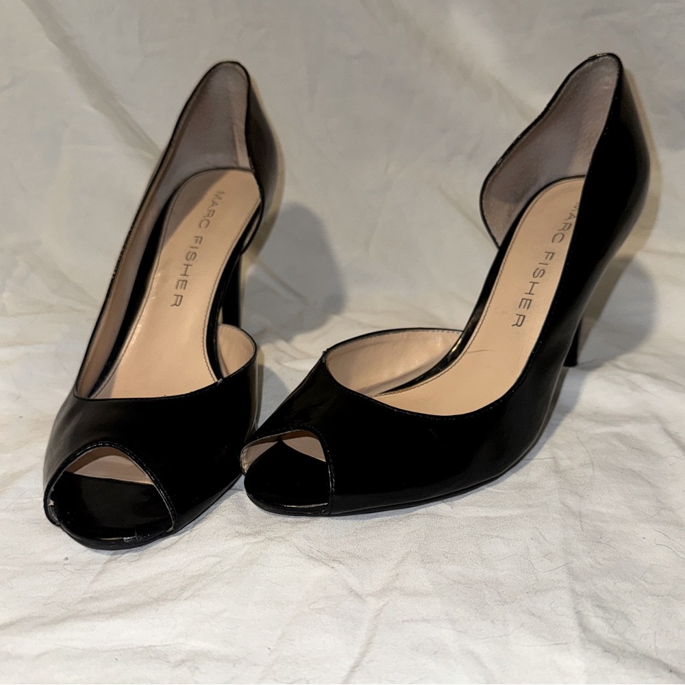 Marc Fisher peep toe Joey black faux patent leather heels